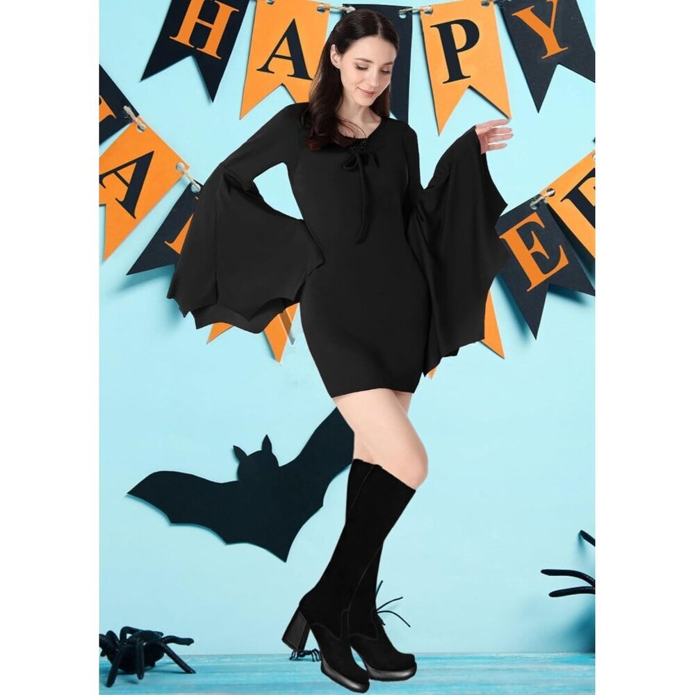 Women's Black Halloween Long Wide Sleeves Addams Costume Wrap Gothic Witch Dress - Picture 6 of 6